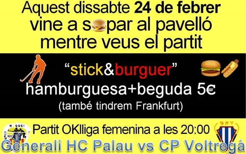 Cartell partit Hoquei noies 24 feb 2018 stick & burguer